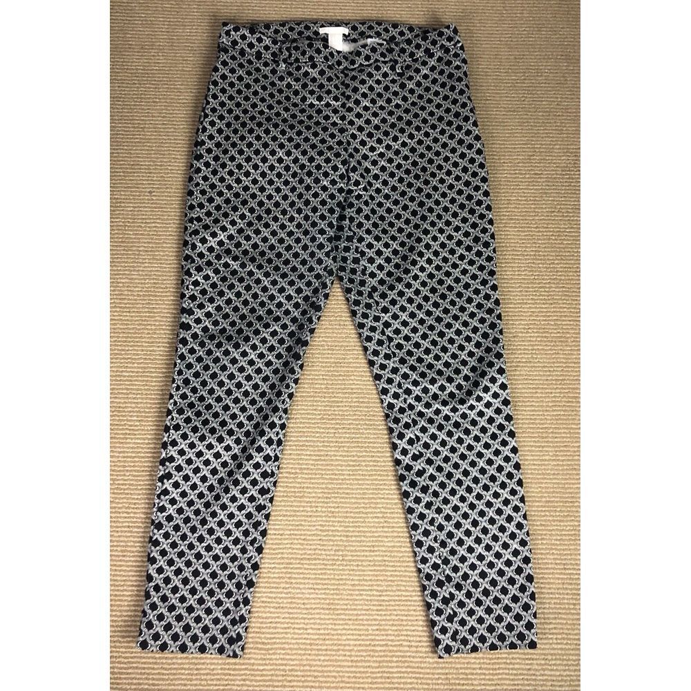H&m Womens Cropped Pants Blue White Geometric Stretch Pockets Flat Front 10